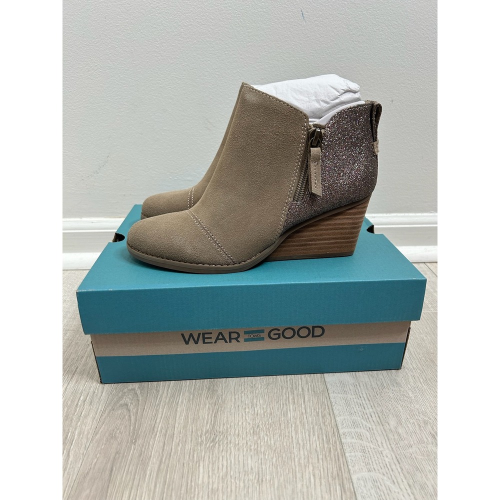Toms Goldie Womens‎ Ankle Boots Dune Suede Glitter Wedge Heel Side Zip Sz 5 NEW